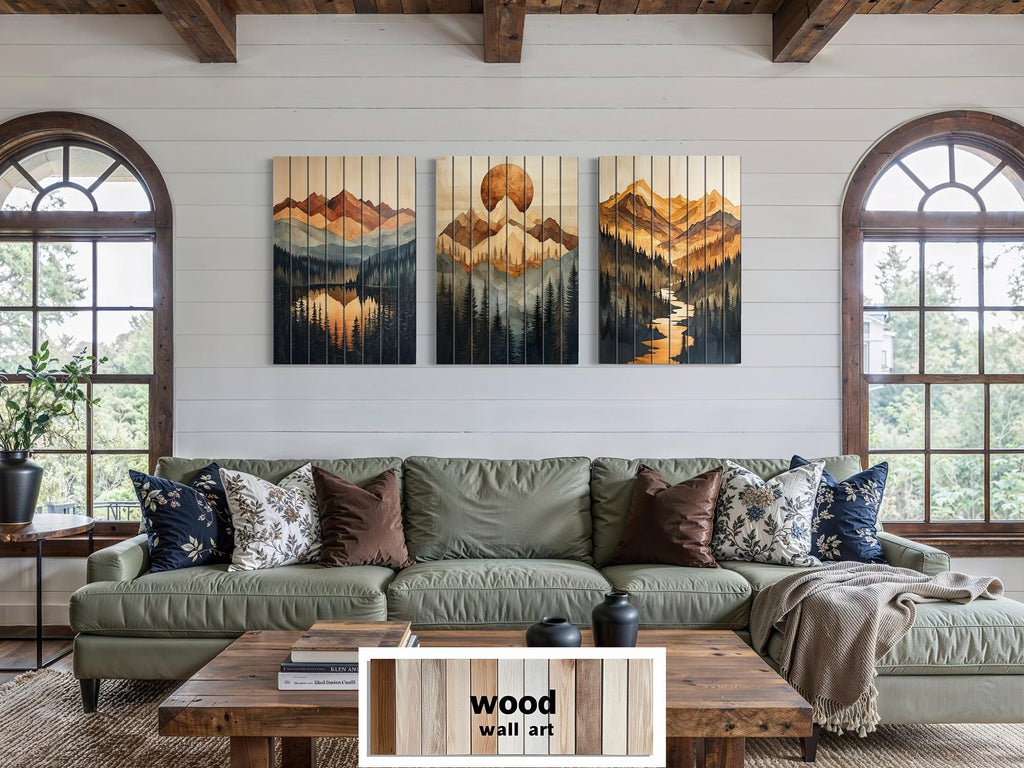 Set of 3 Mountain Sunset Landscape Rustic Distressed Wood Wall Art
