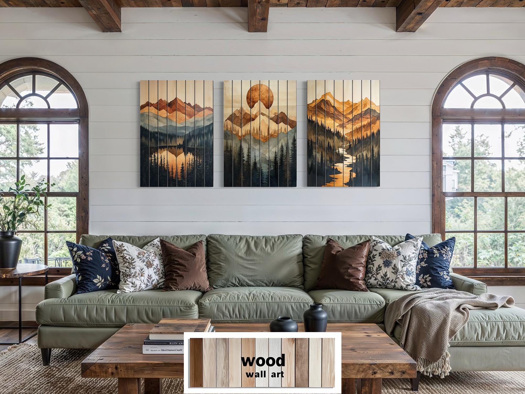 Set of 3 Mountain Sunset Landscape Rustic Distressed Wood Wall Art