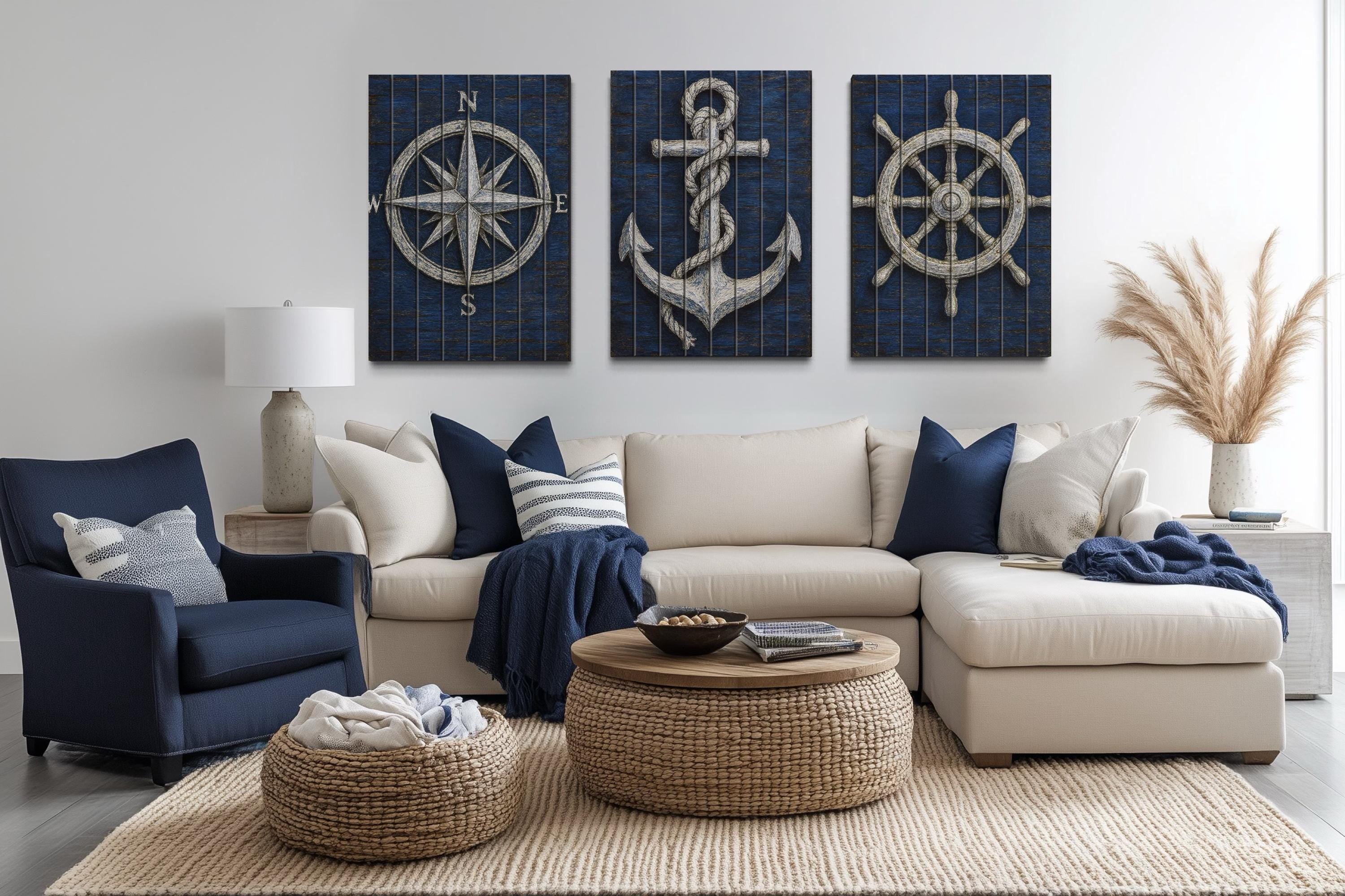 Set of 3 Nautical Distressed Wood Wall Art With  Compass, Anchor And Ship Wheel