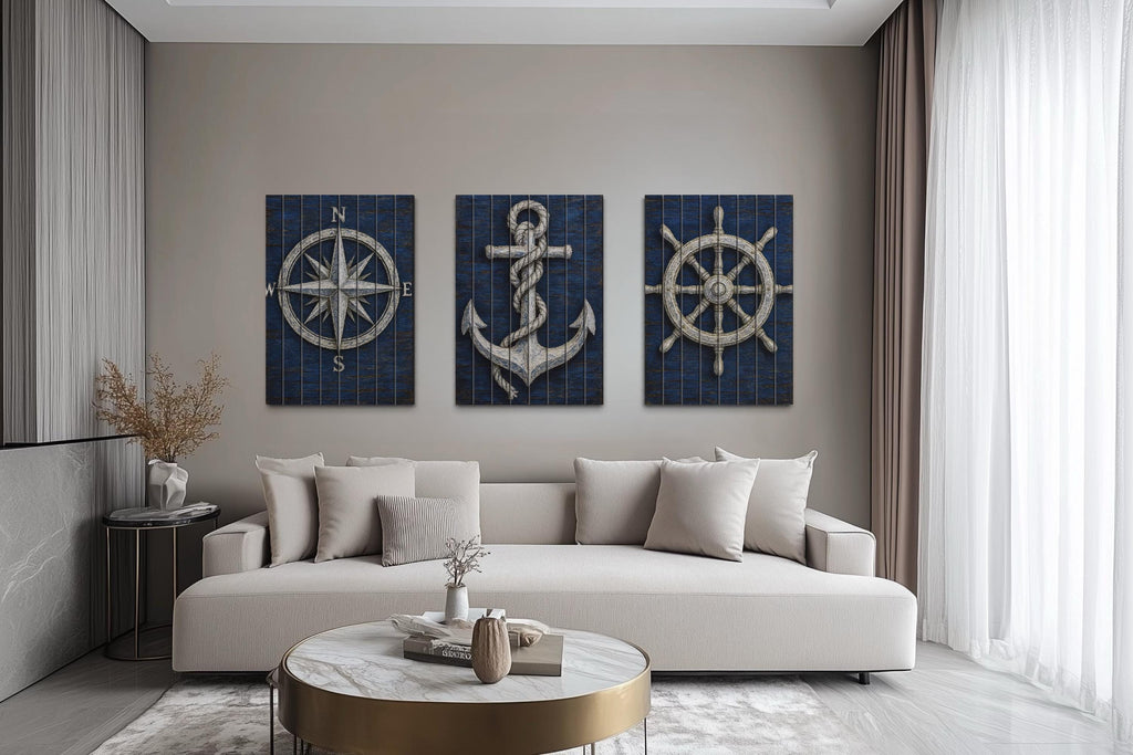 Set of 3 Nautical Distressed Wood Wall Art With  Compass, Anchor And Ship Wheel