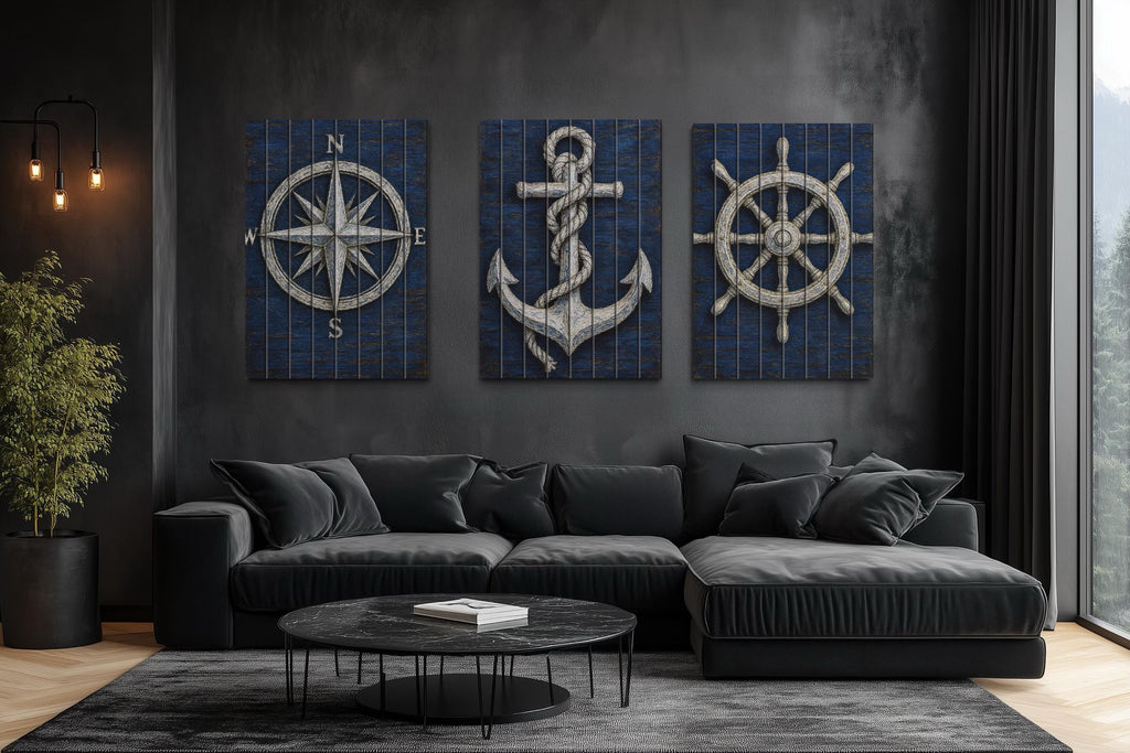 Set of 3 Nautical Distressed Wood Wall Art With  Compass, Anchor And Ship Wheel
