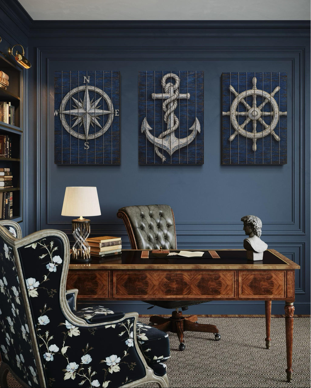 Set of 3 Nautical Distressed Wood Wall Art With  Compass, Anchor And Ship Wheel