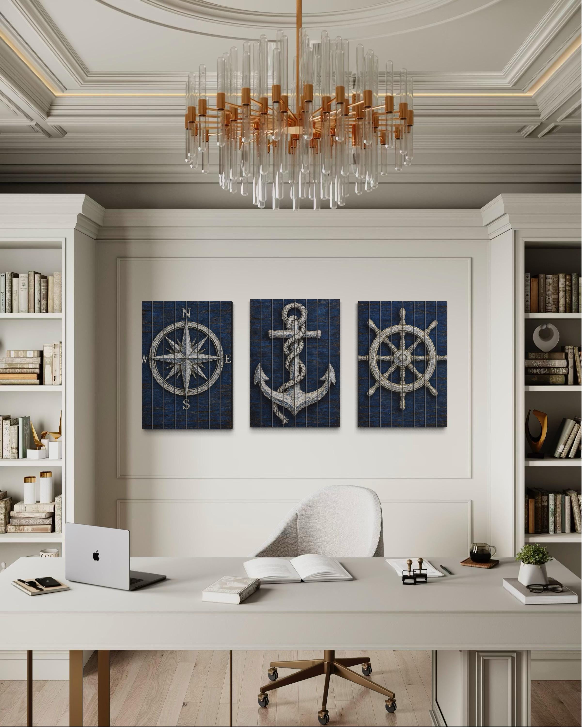 Set of 3 Nautical Distressed Wood Wall Art With  Compass, Anchor And Ship Wheel