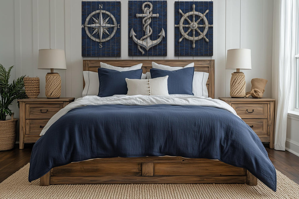 Set of 3 Nautical Distressed Wood Wall Art With  Compass, Anchor And Ship Wheel