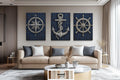 Set of 3 Nautical Distressed Wood Wall Art With  Compass, Anchor And Ship Wheel