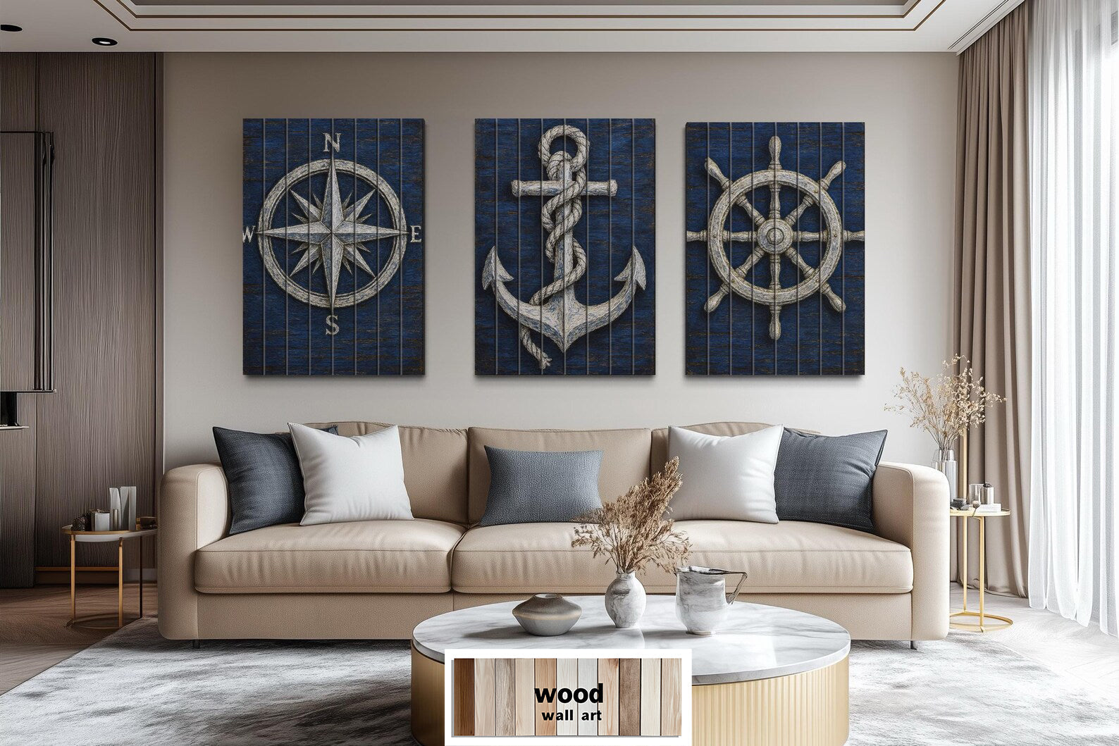 Set of 3 Nautical Distressed Wood Wall Art With  Compass, Anchor And Ship Wheel
