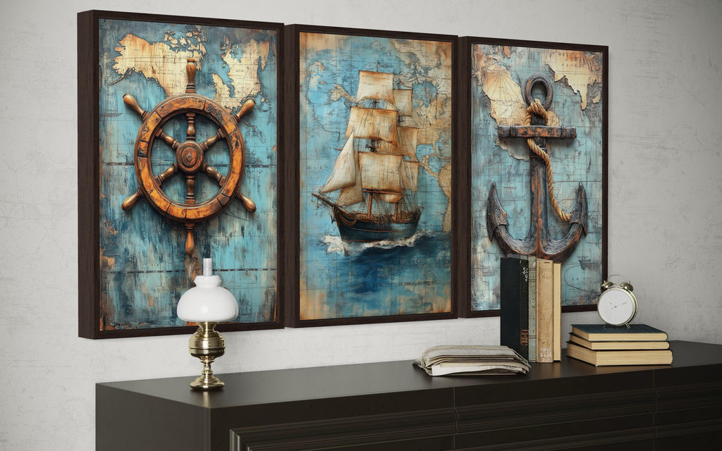 Set of 3 Nautical Wall Art - Vintage Ship, Anchor And Helm On Antique Map