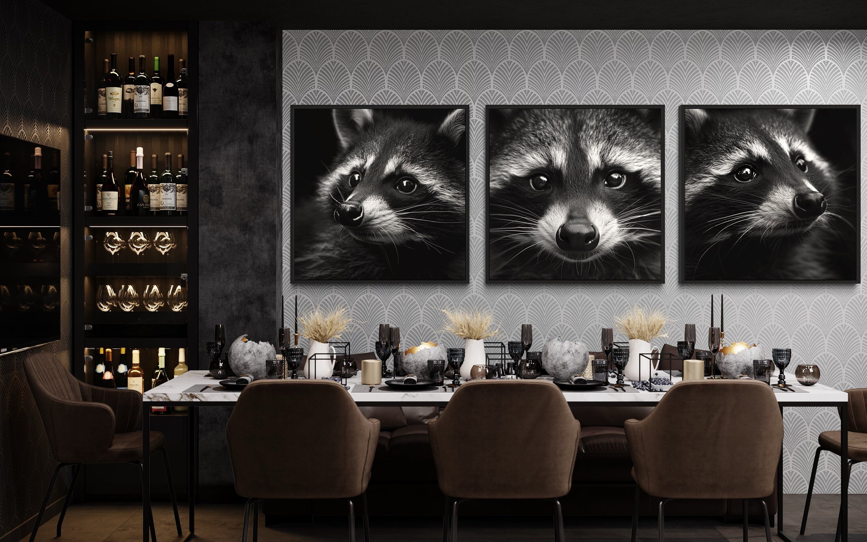 Set of 3 Raccoons Black And White Photography Style Framed Canvas Wall Art