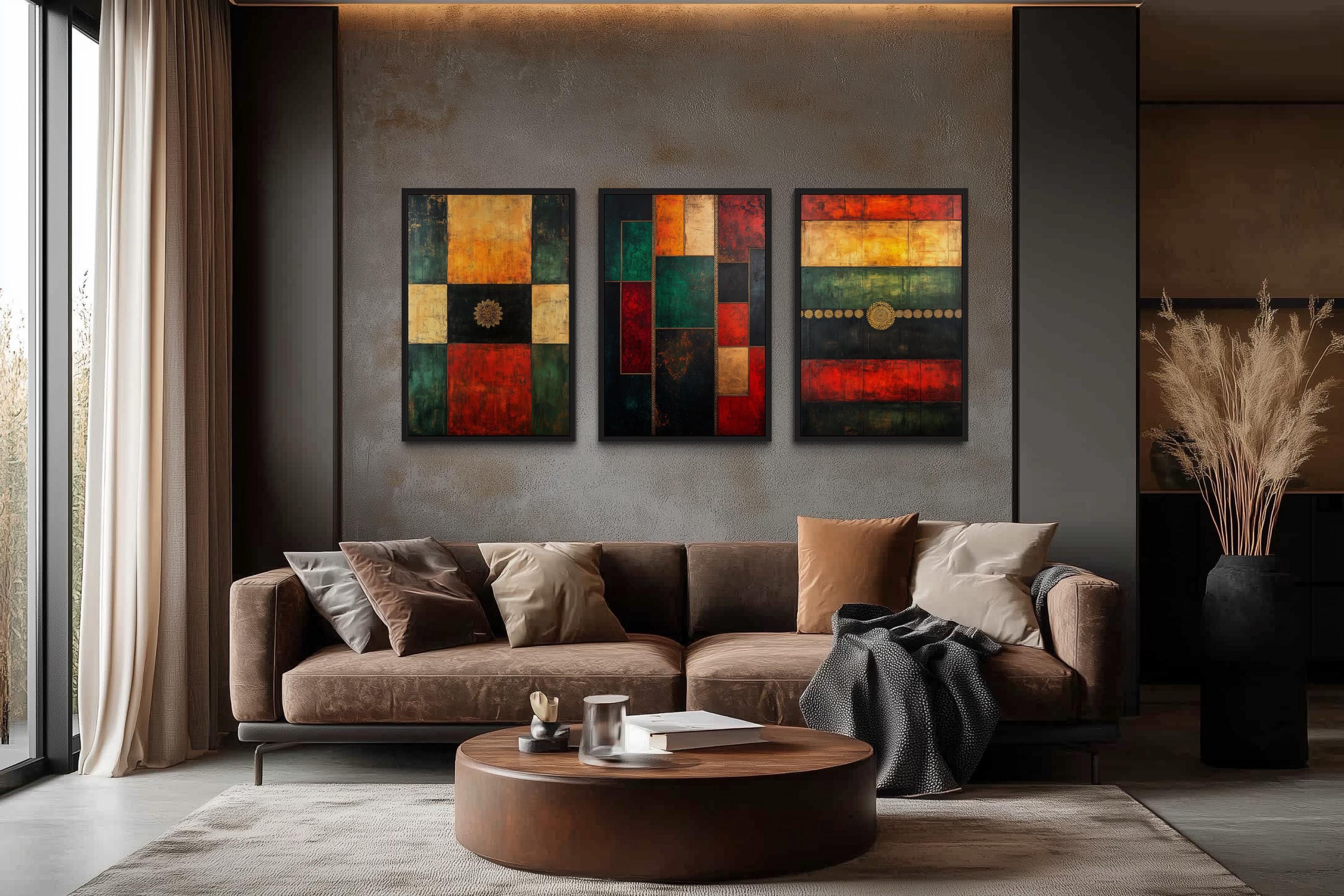 Set of 3 Red Green Yellow Modern Geometric Abstract Canvas Wall Art