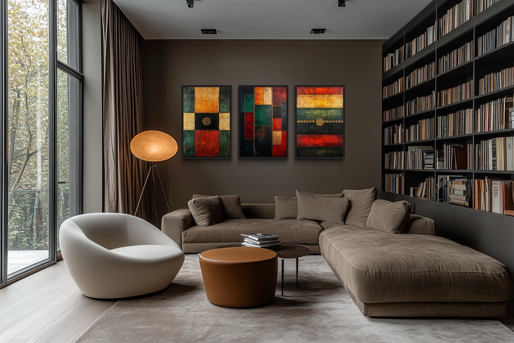 Set of 3 Red Green Yellow Modern Geometric Abstract Canvas Wall Art