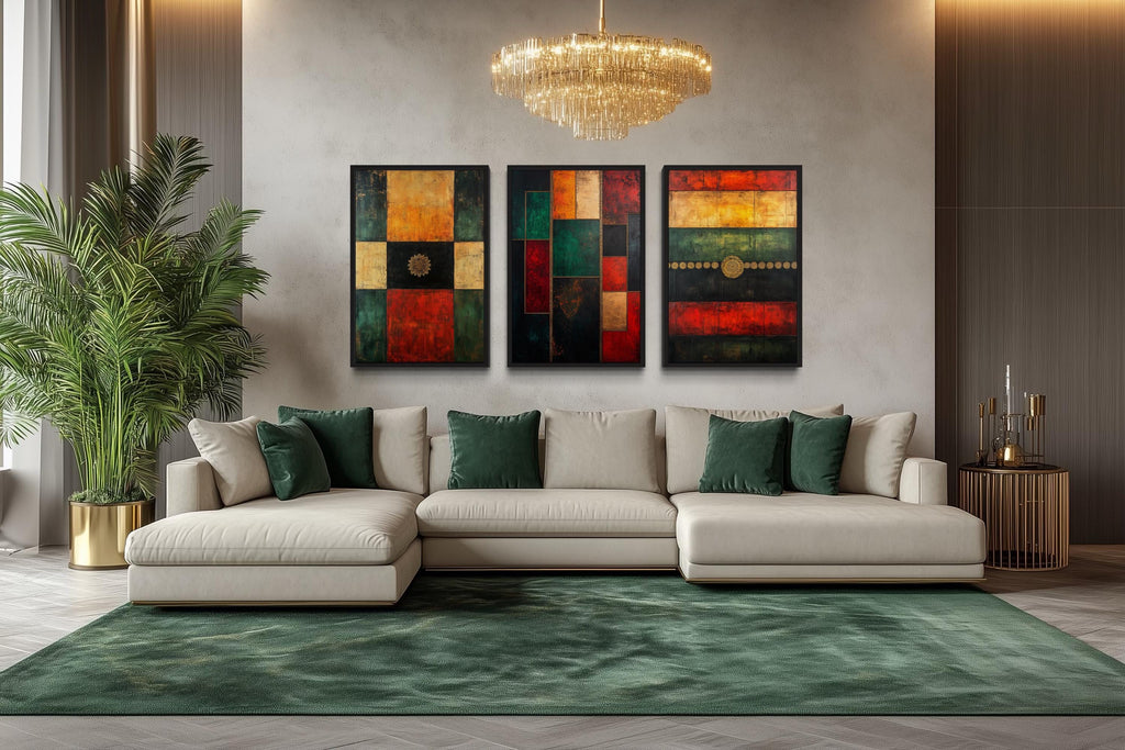 Set of 3 Red Green Yellow Modern Geometric Abstract Canvas Wall Art