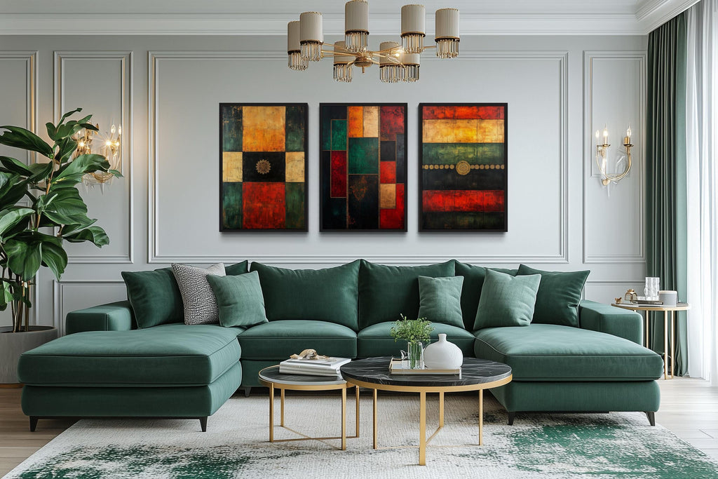 Set of 3 Red Green Yellow Modern Geometric Abstract Canvas Wall Art