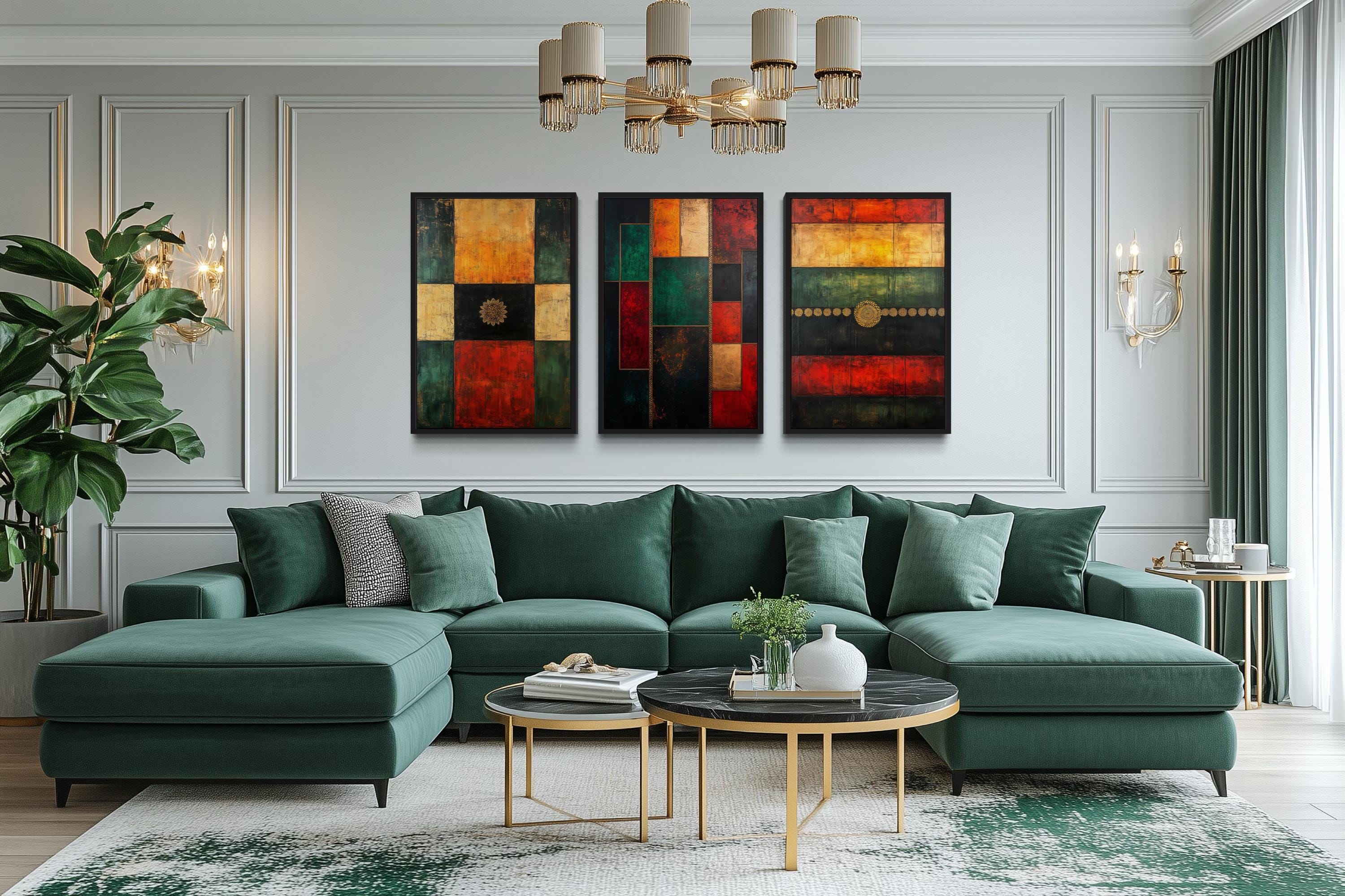 Set of 3 Red Green Yellow Modern Geometric Abstract Canvas Wall Art