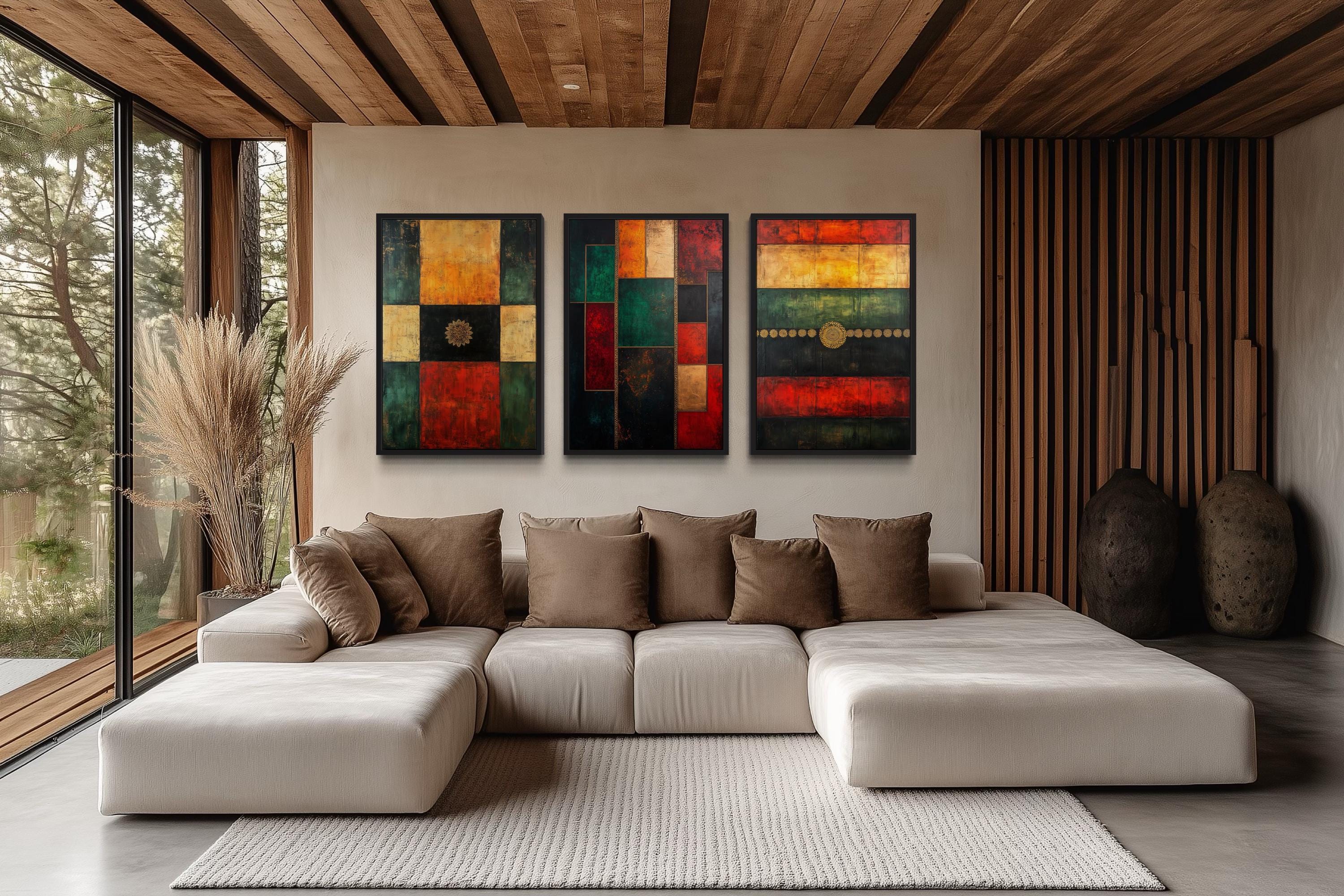 Set of 3 Red Green Yellow Modern Geometric Abstract Canvas Wall Art