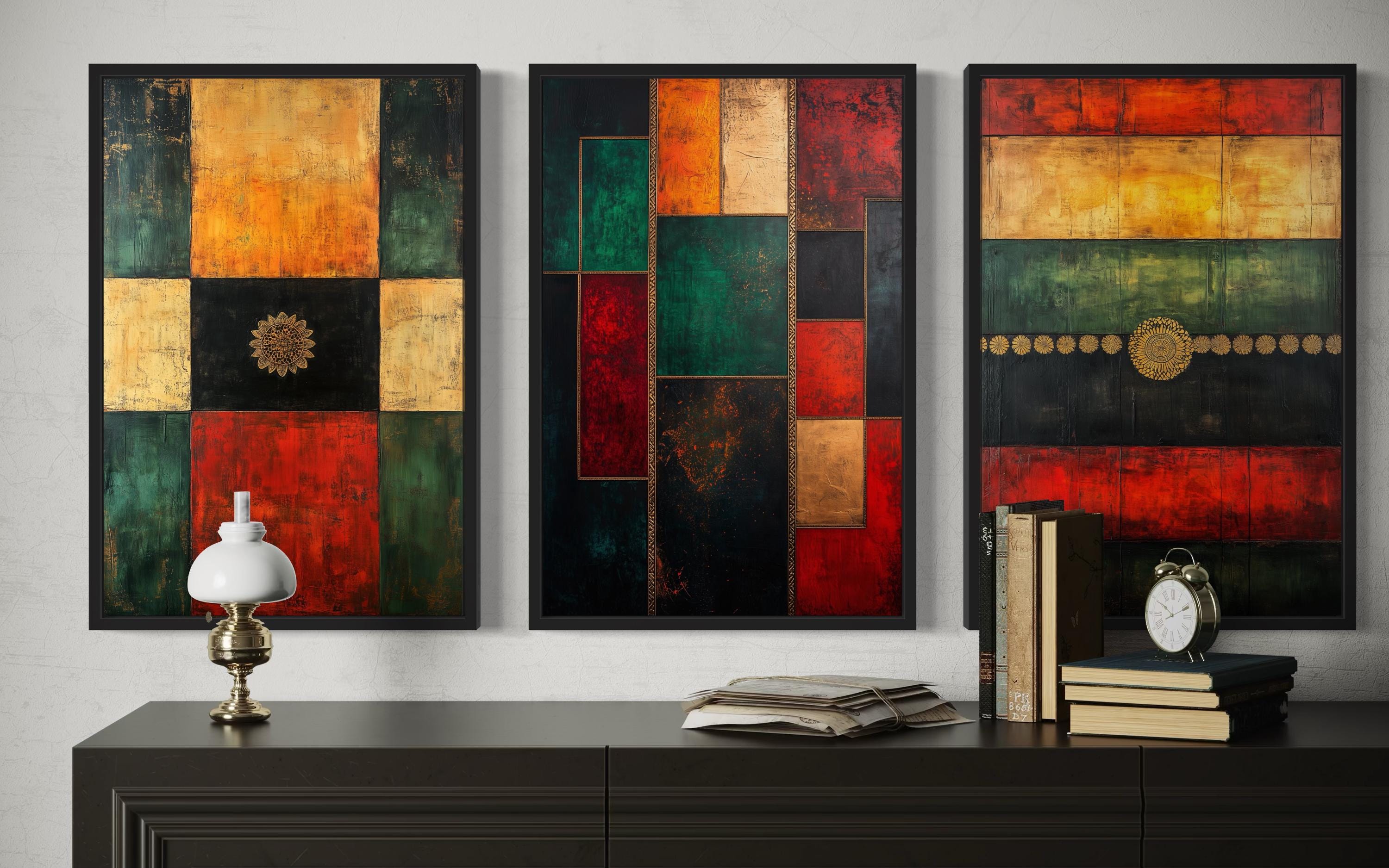 Set of 3 Red Green Yellow Modern Geometric Abstract Canvas Wall Art