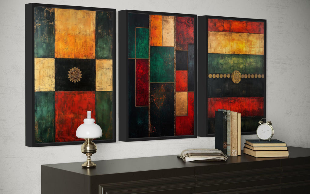Set of 3 Red Green Yellow Modern Geometric Abstract Canvas Wall Art
