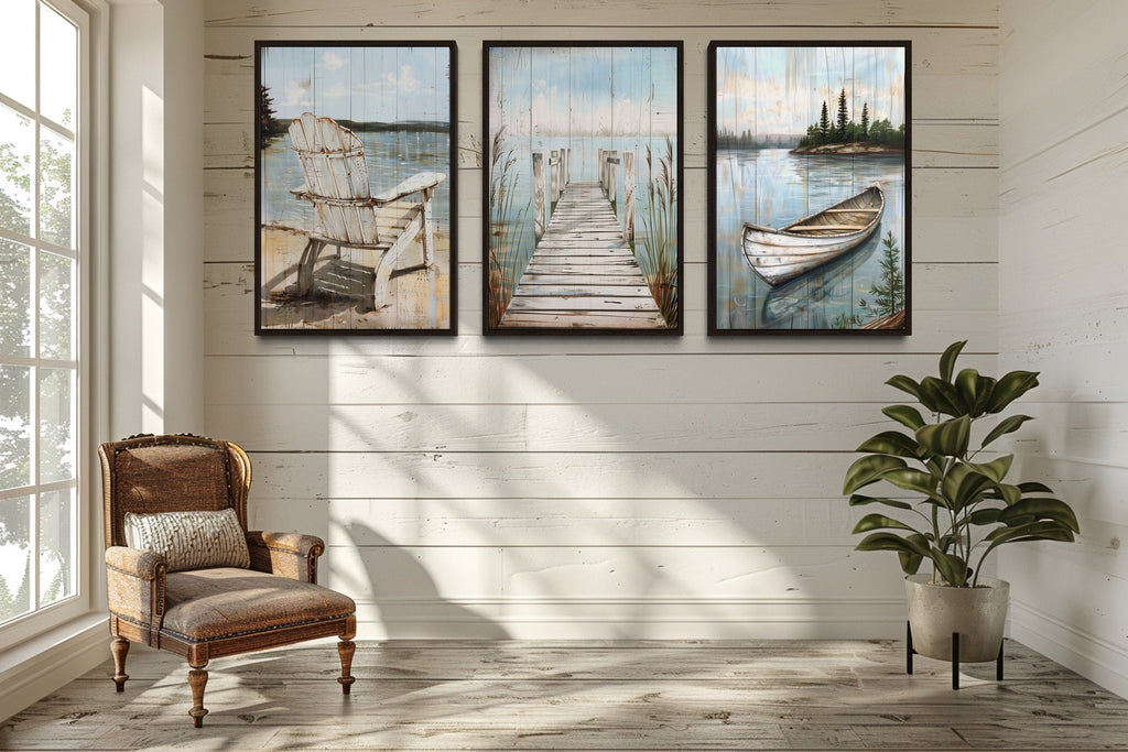 Set of 3 Rustic Lake House Wall Art - Fishing Dock, Old Boat And  Adirondack Chair