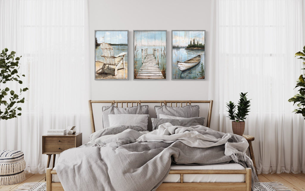 Set of 3 Rustic Lake House Wall Art - Fishing Dock, Old Boat And  Adirondack Chair