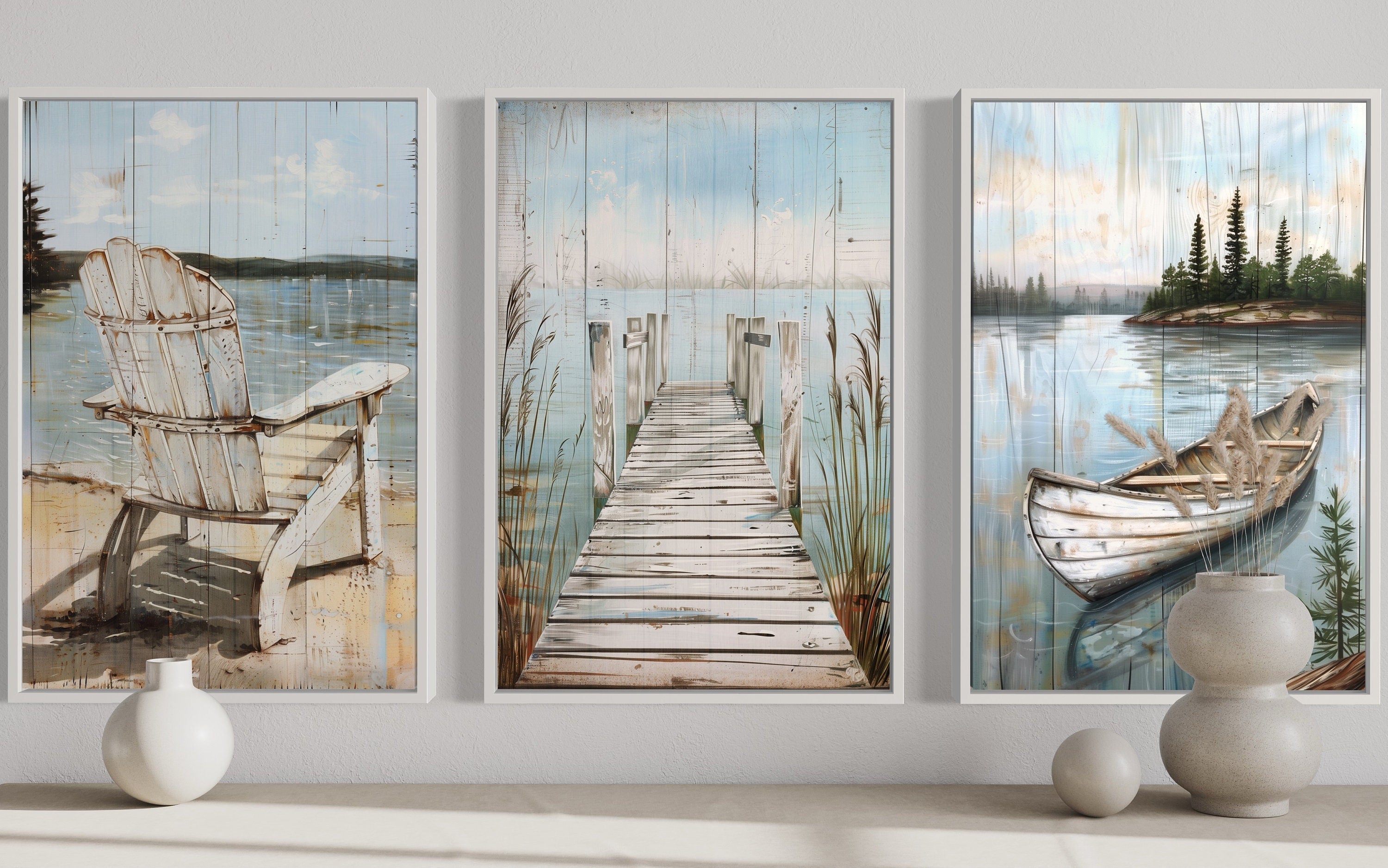 Set of 3 Rustic Lake House Wall Art - Fishing Dock, Old Boat And  Adirondack Chair