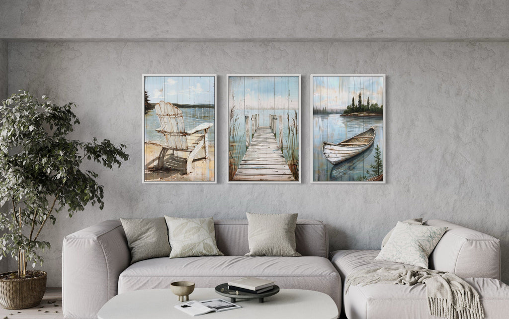Set of 3 Rustic Lake House Wall Art - Fishing Dock, Old Boat And  Adirondack Chair