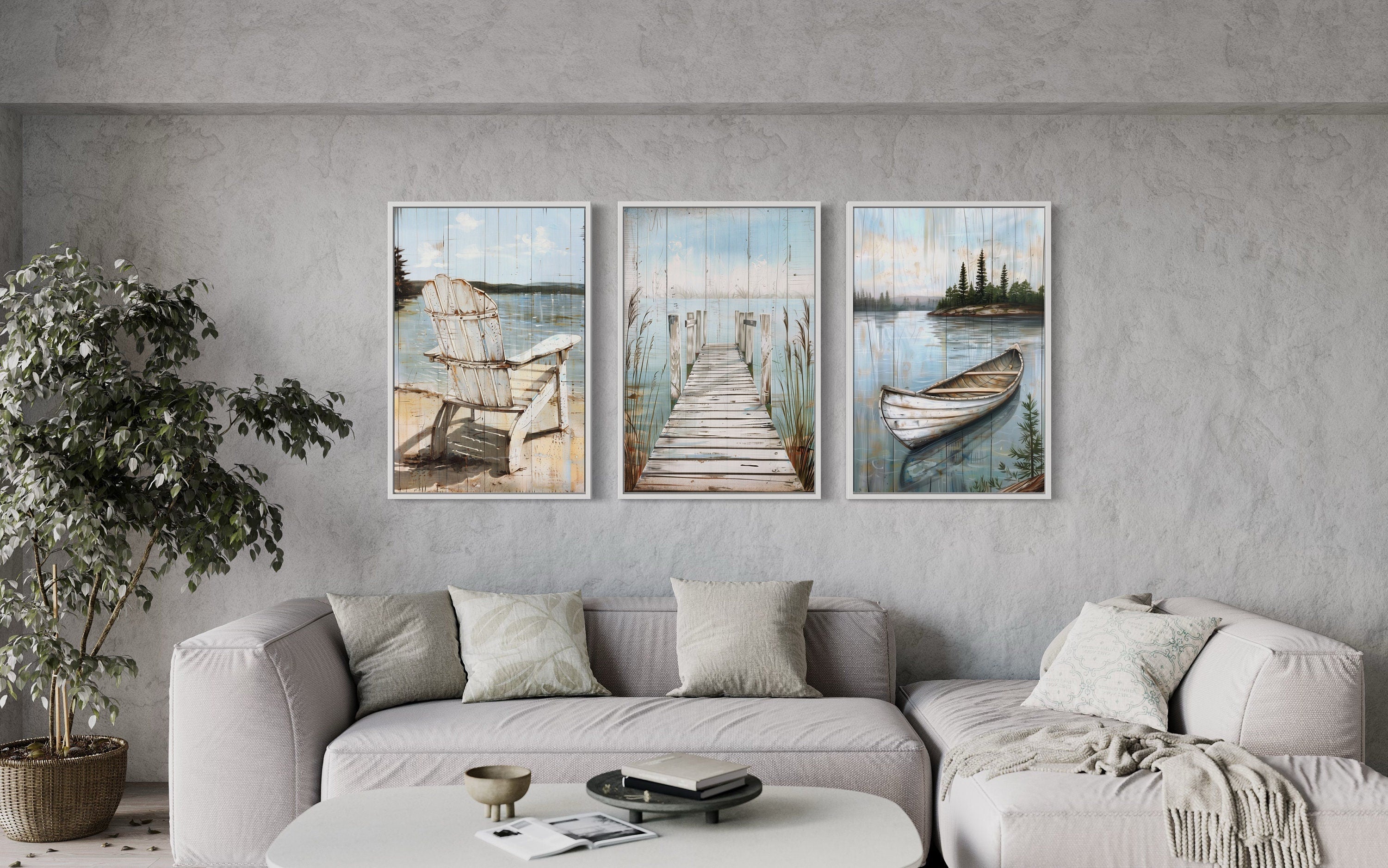 Set of 3 Rustic Lake House Wall Art - Fishing Dock, Old Boat And  Adirondack Chair