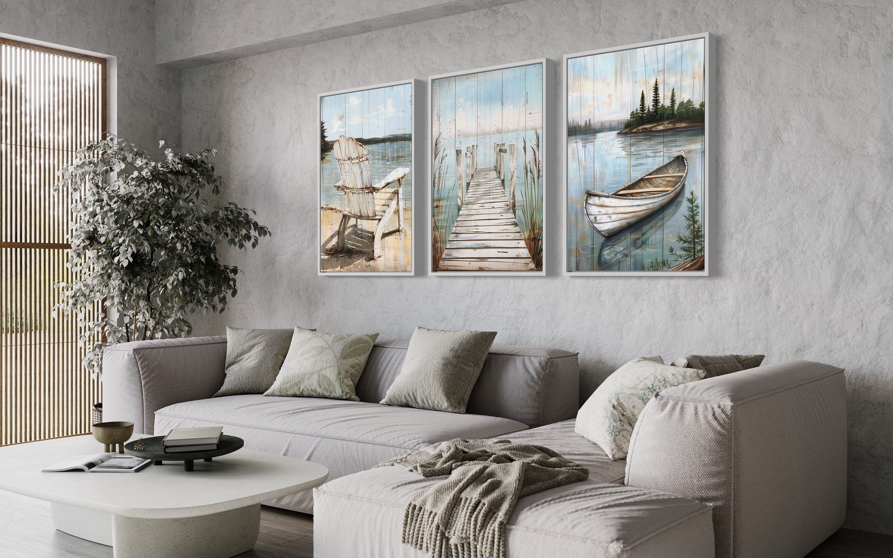 Set of 3 Rustic Lake House Wall Art - Fishing Dock, Old Boat And  Adirondack Chair