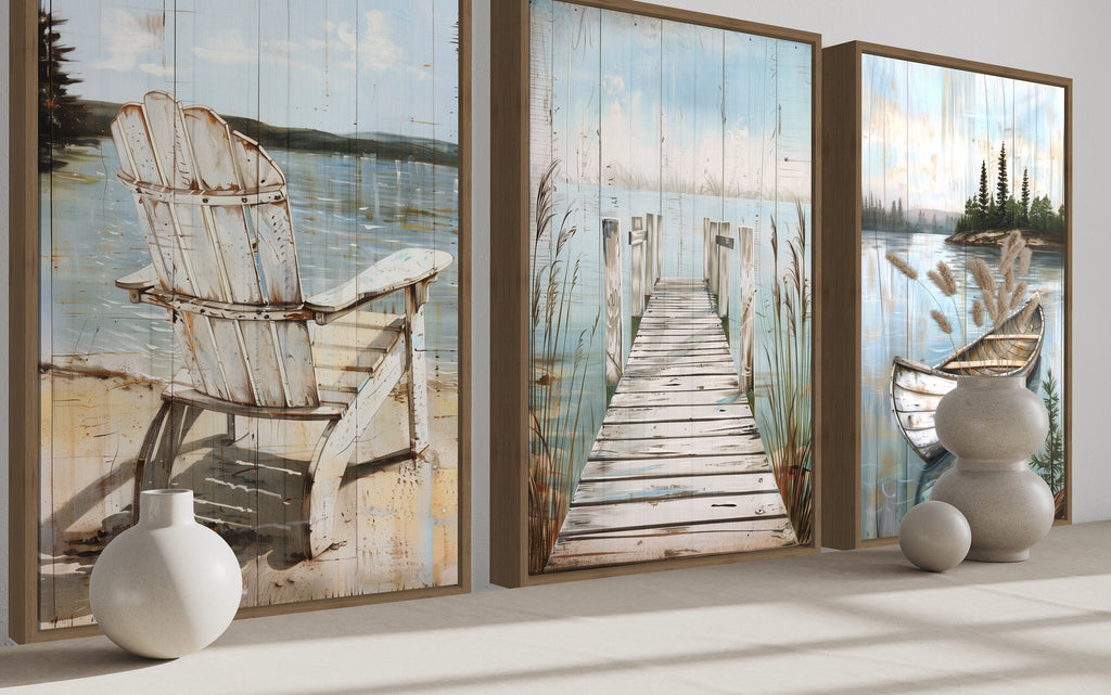 Set of 3 Rustic Lake House Wall Art - Fishing Dock, Old Boat And  Adirondack Chair