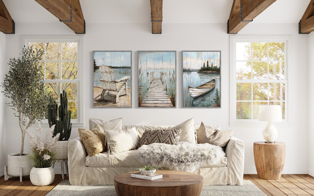 Set of 3 Rustic Lake House Wall Art - Fishing Dock, Old Boat And  Adirondack Chair