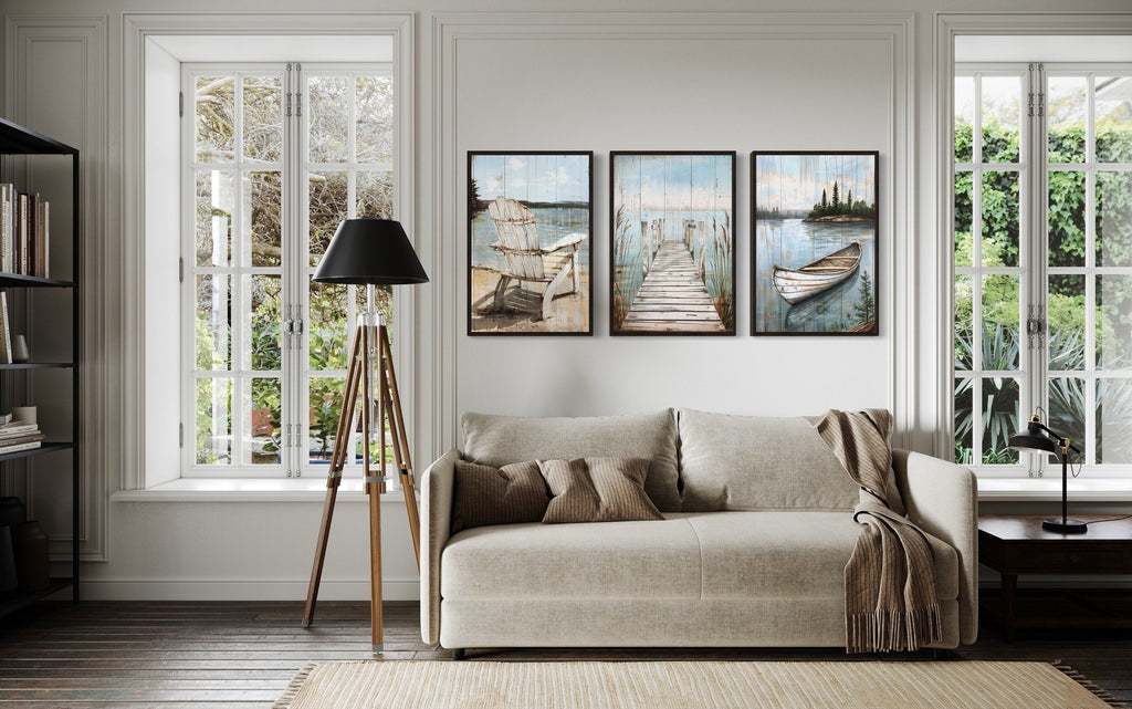 Set of 3 Rustic Lake House Wall Art - Fishing Dock, Old Boat And  Adirondack Chair
