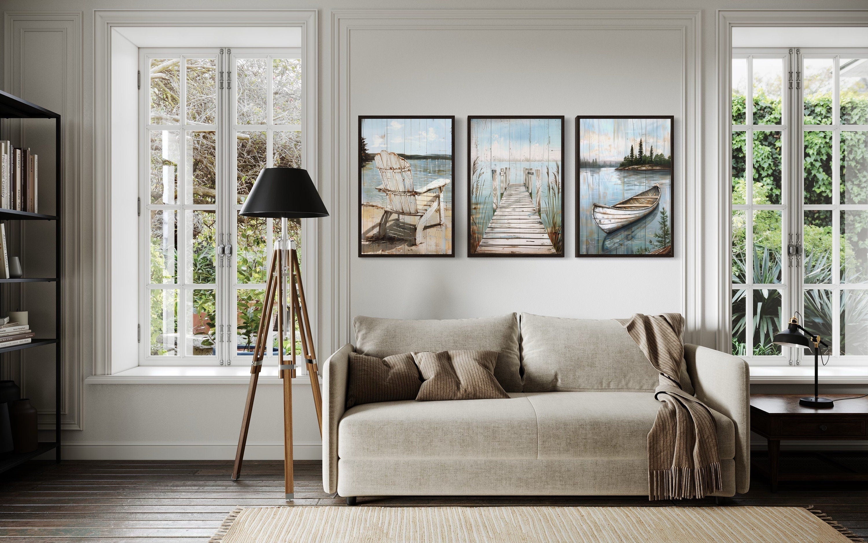 Set of 3 Rustic Lake House Wall Art - Fishing Dock, Old Boat And  Adirondack Chair