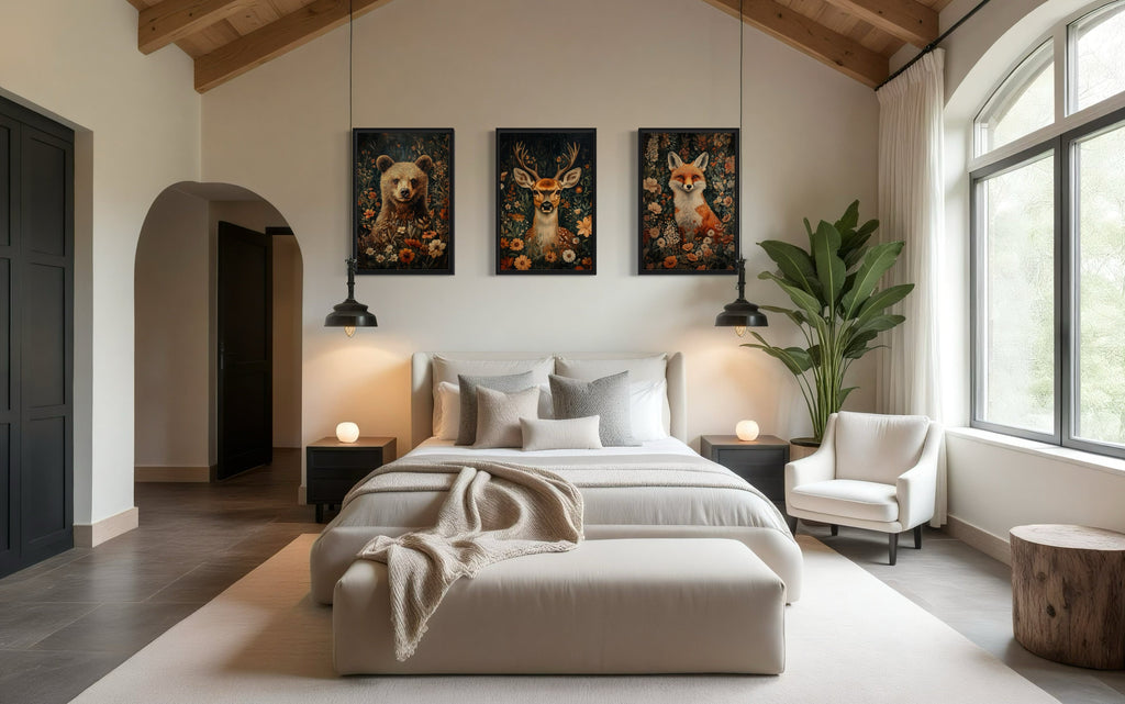 Set of 3 Wildlife Bear, Fox And Deer In Flowers William Morris Inspired Wall Wal For Cabin Wall Decor