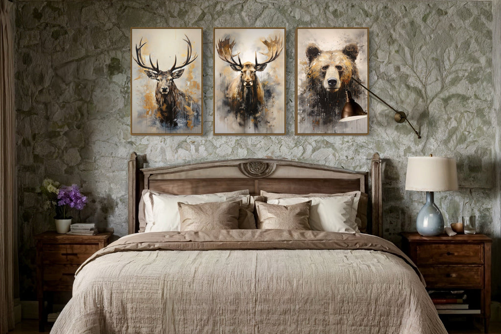 Set of 3 Wildlife Prints Bear, Moose And Elk Paintings For Cabin Wall Decor