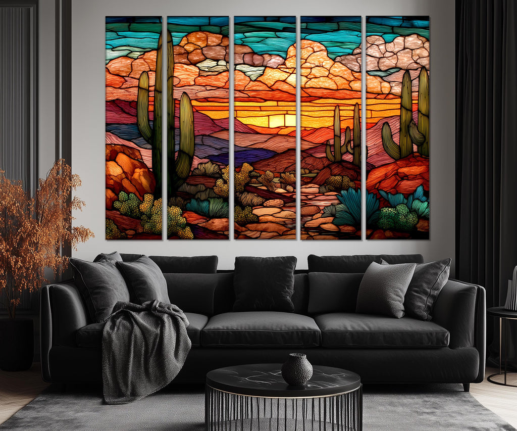Set of 5 Panel Stained Glass Style Desert Wall Art