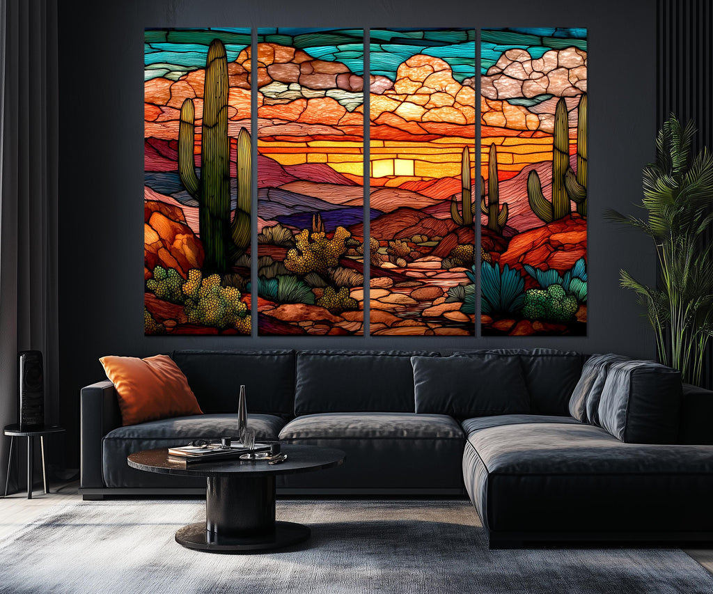 Set of 5 Panel Stained Glass Style Desert Wall Art