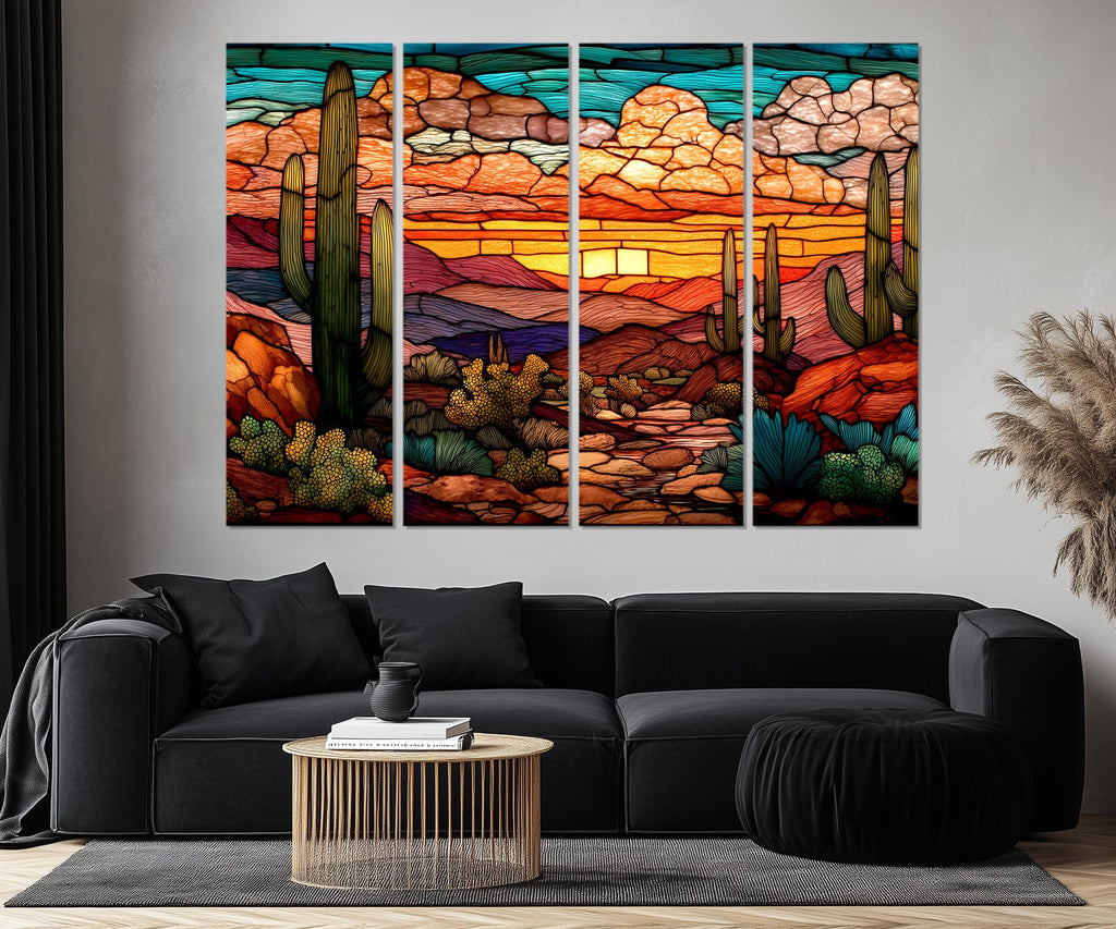 Set of 5 Panel Stained Glass Style Desert Wall Art