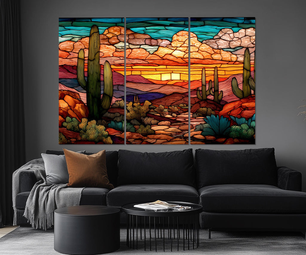 Set of 5 Panel Stained Glass Style Desert Wall Art