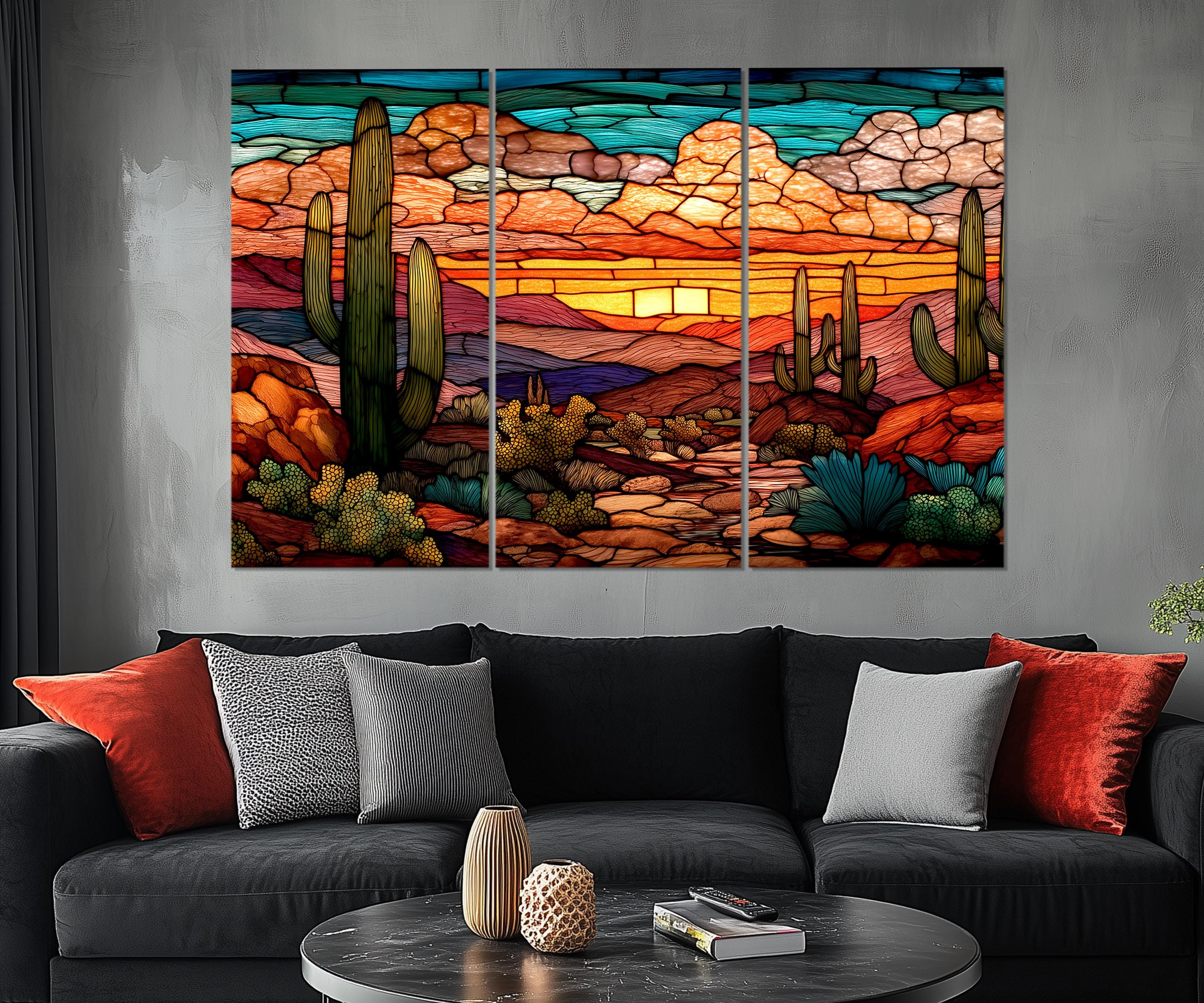 Set of 5 Panel Stained Glass Style Desert Wall Art