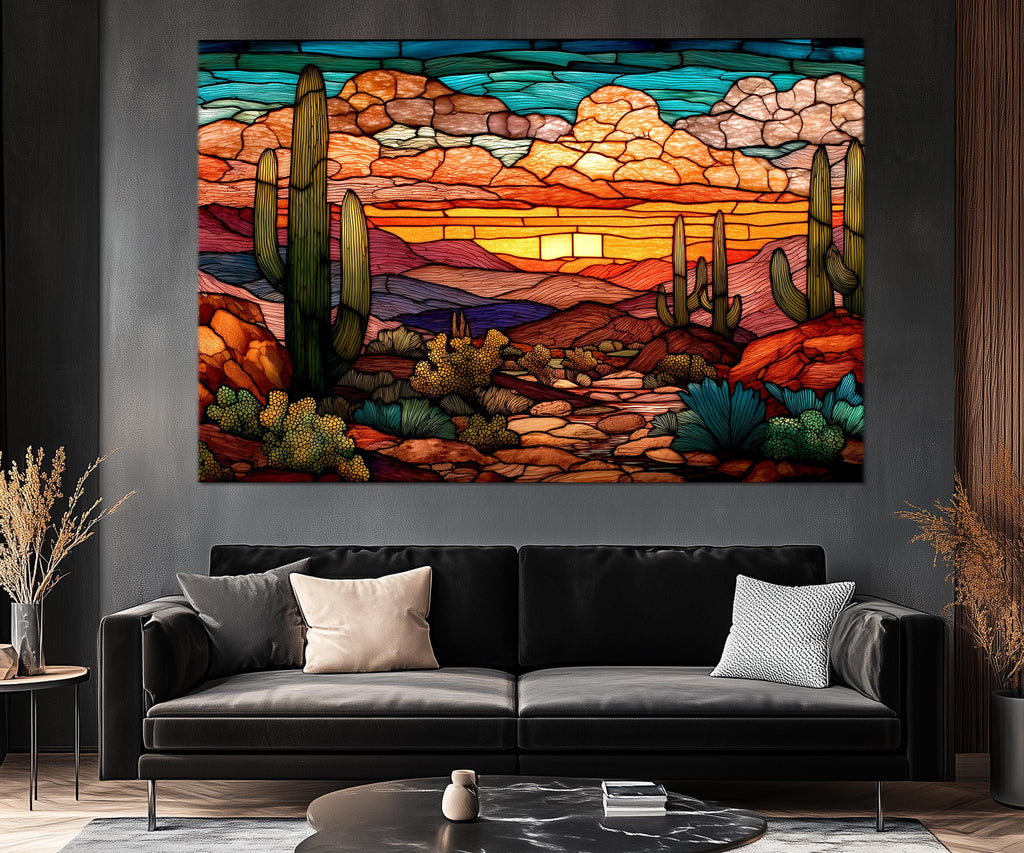 Set of 5 Panel Stained Glass Style Desert Wall Art