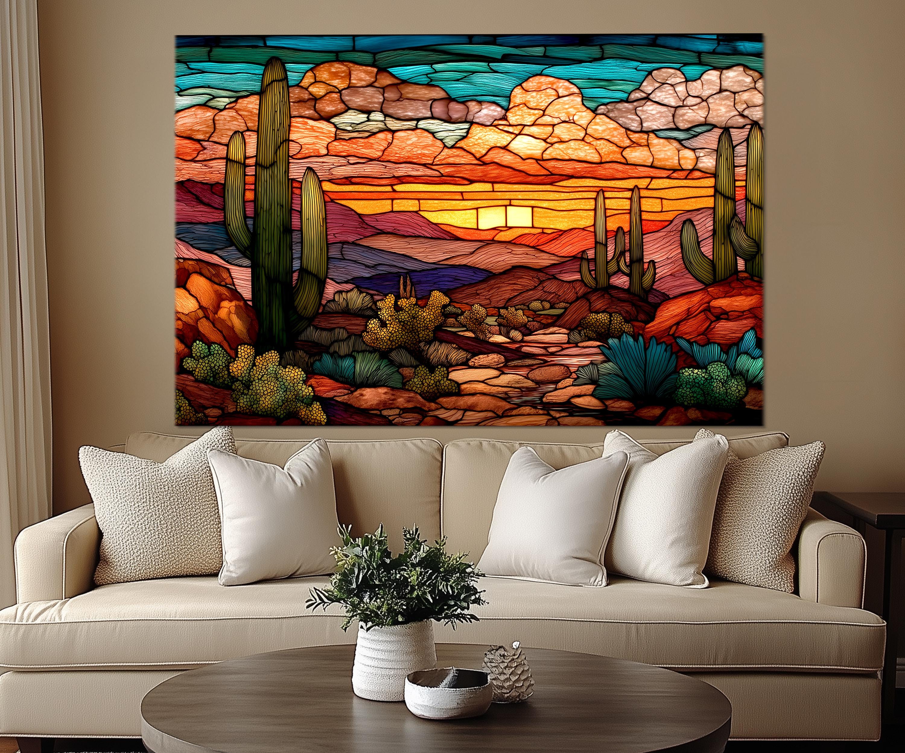 Set of 5 Panel Stained Glass Style Desert Wall Art