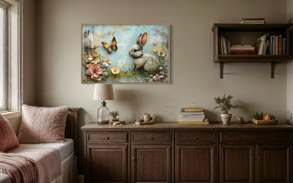 Shabby Chic Bunny In Floral Meadow Farmhouse Wall Art