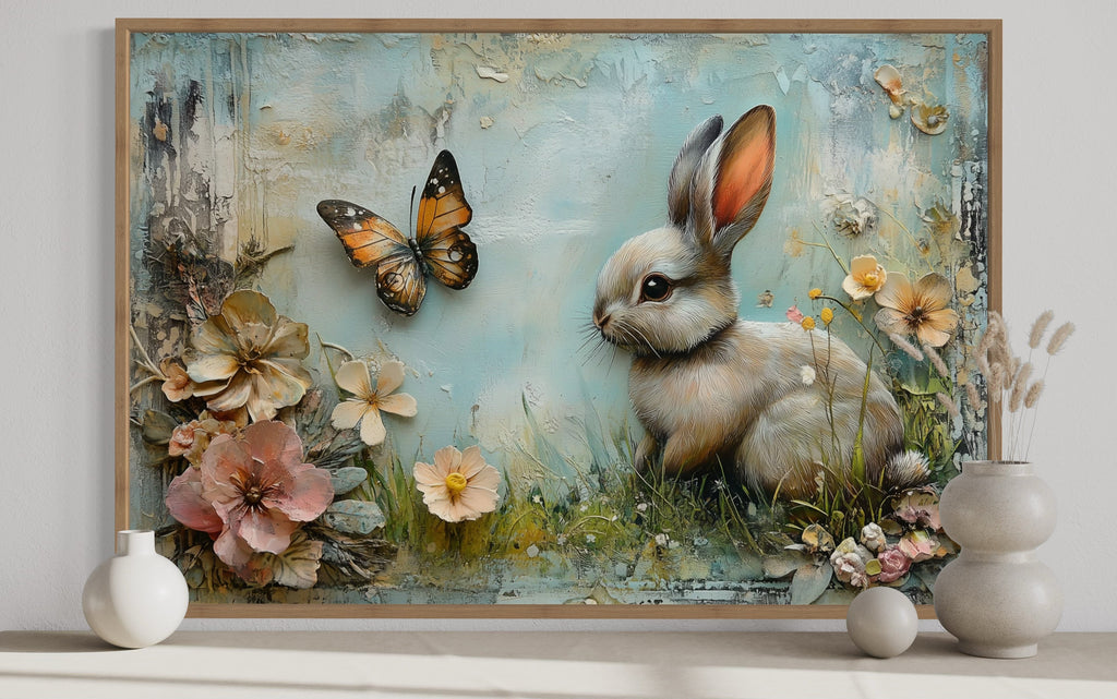 Shabby Chic Bunny In Floral Meadow Farmhouse Wall Art