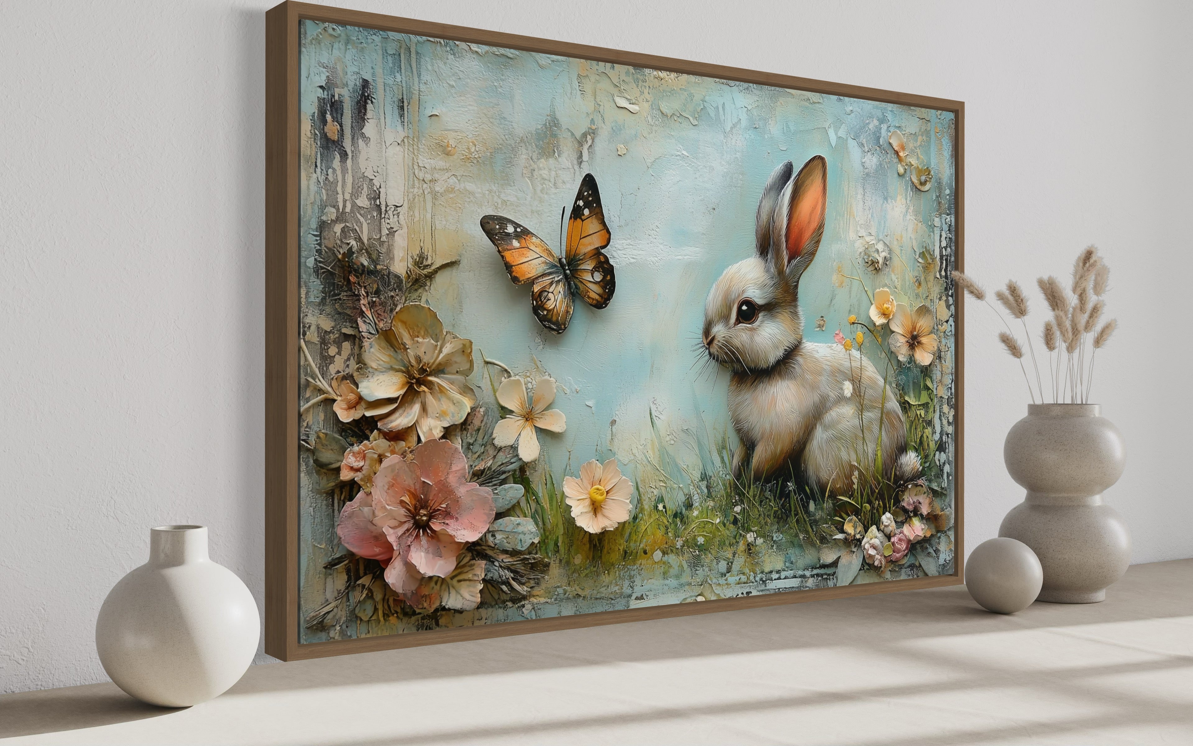 Shabby Chic Bunny In Floral Meadow Farmhouse Wall Art
