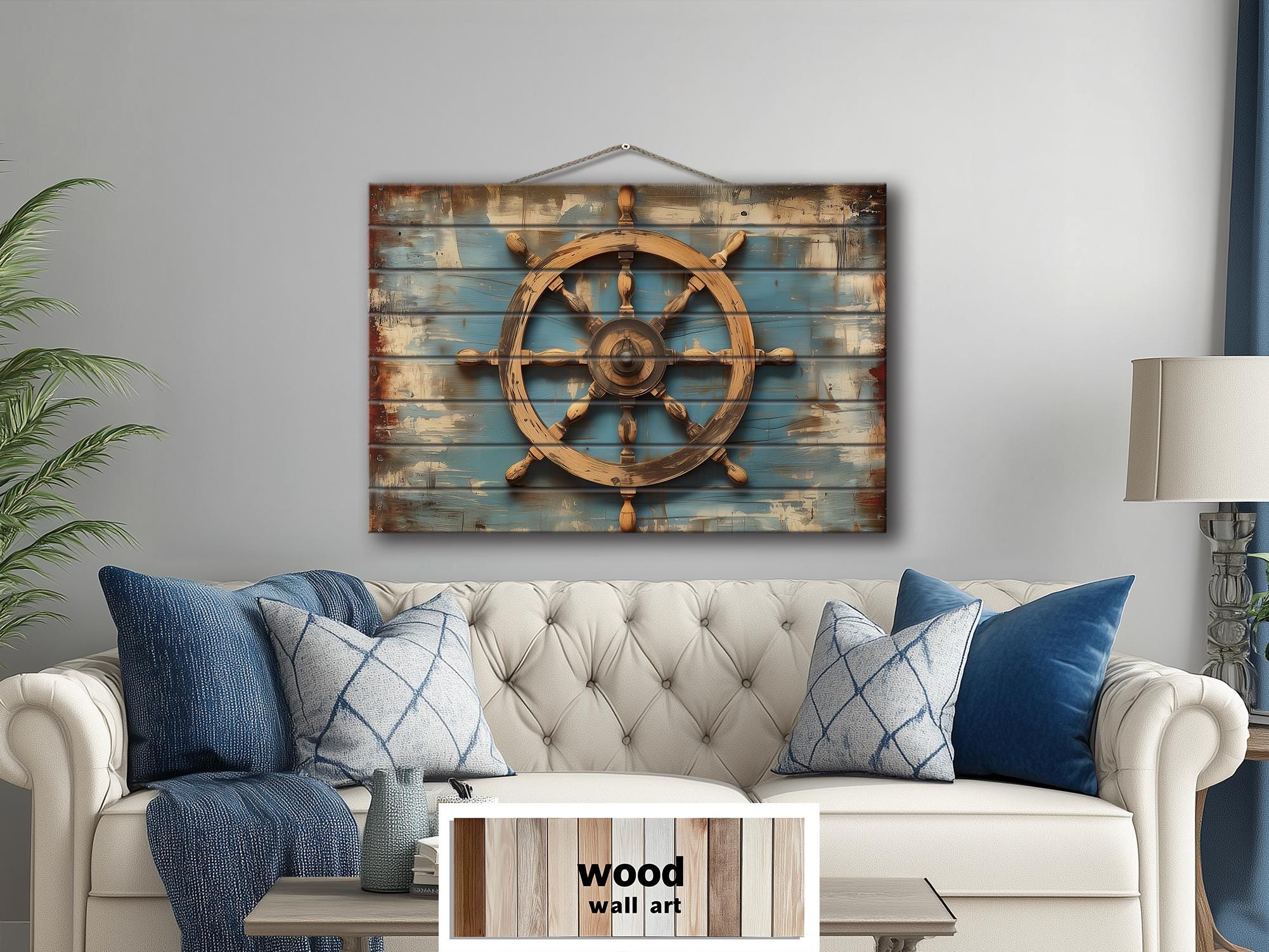 Ship Wheel Wall Art - Distressed Wood Nautical Decor | Rustic Coastal Art for Men