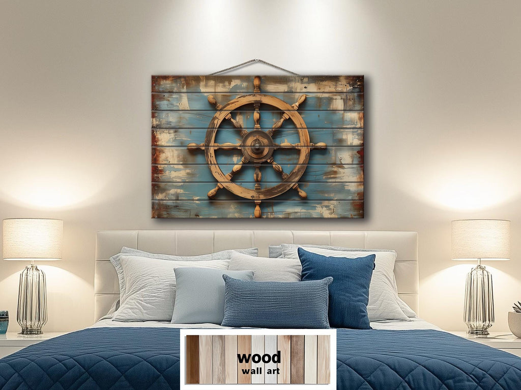 Ship Wheel Wall Art - Distressed Wood Nautical Decor | Rustic Coastal Art for Men