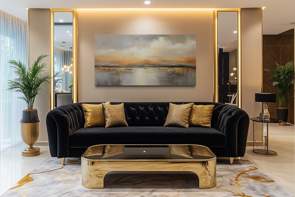 Silver Gold Abstract Ocean Sunset Living Room Framed Canvas Wall Art