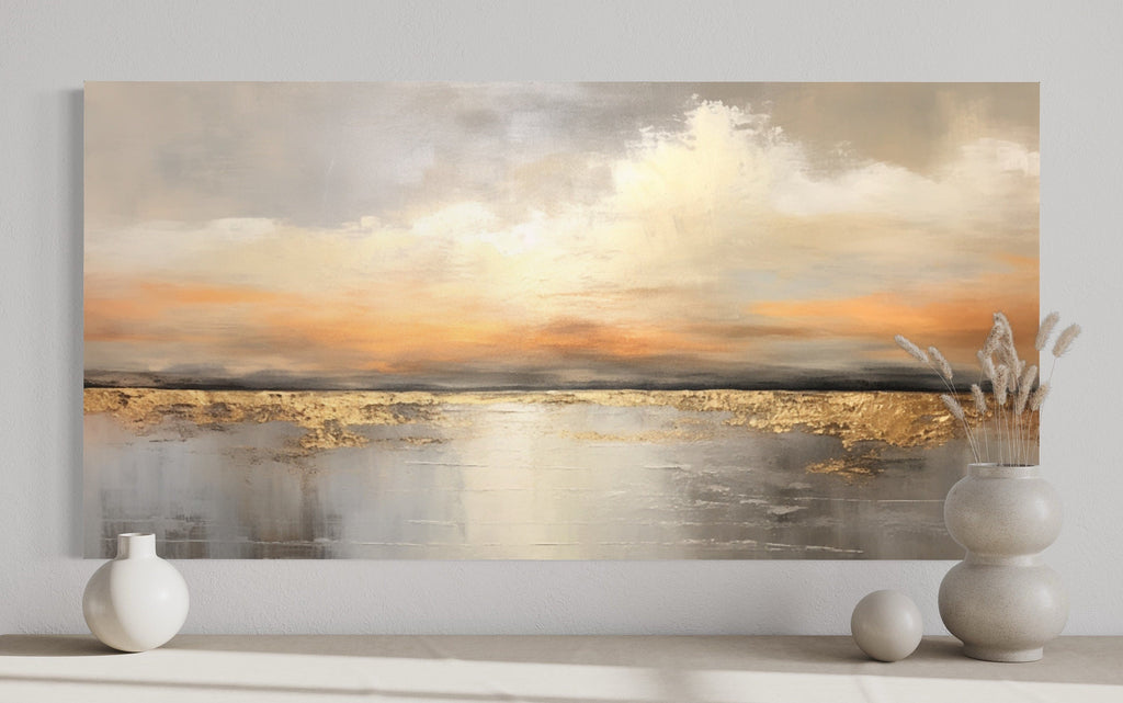 Silver Gold Abstract Ocean Sunset Living Room Framed Canvas Wall Art
