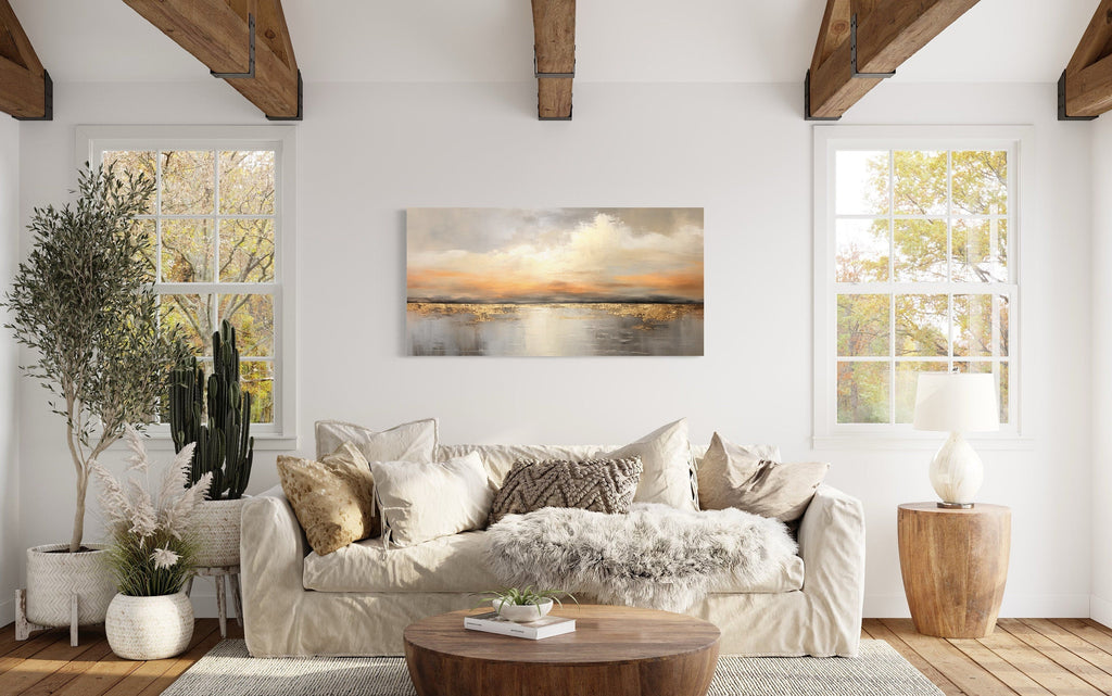 Silver Gold Abstract Ocean Sunset Living Room Framed Canvas Wall Art