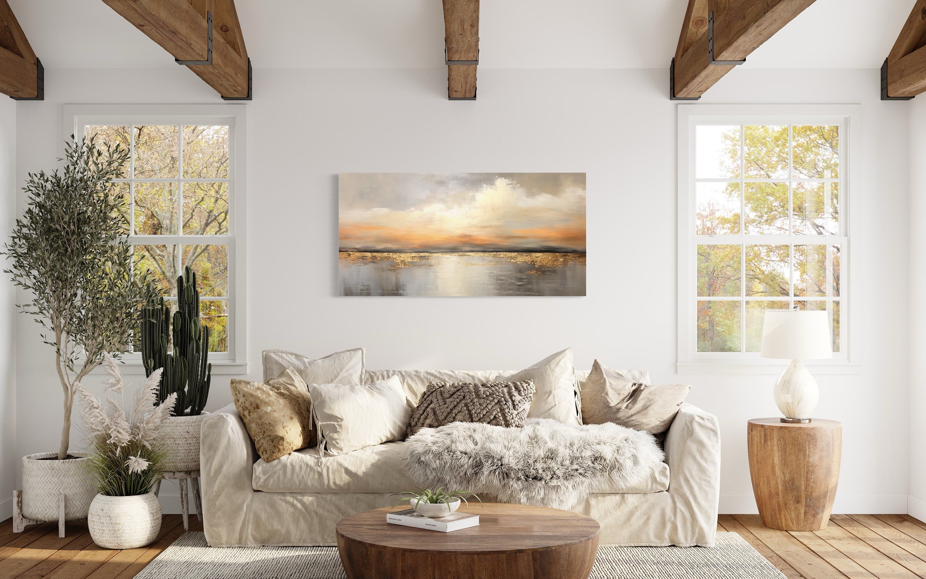 Silver Gold Abstract Ocean Sunset Living Room Framed Canvas Wall Art