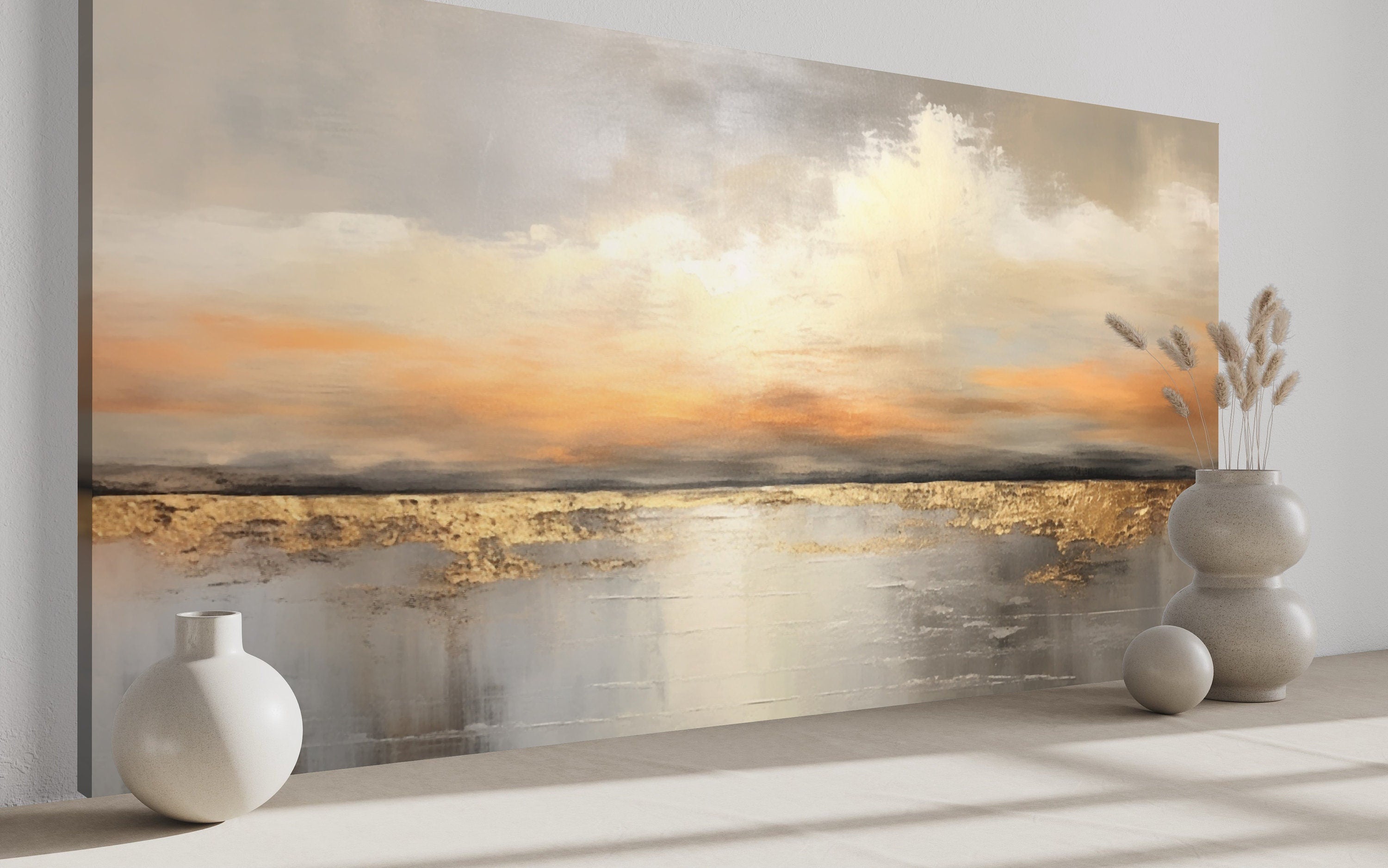 Silver Gold Abstract Ocean Sunset Living Room Framed Canvas Wall Art