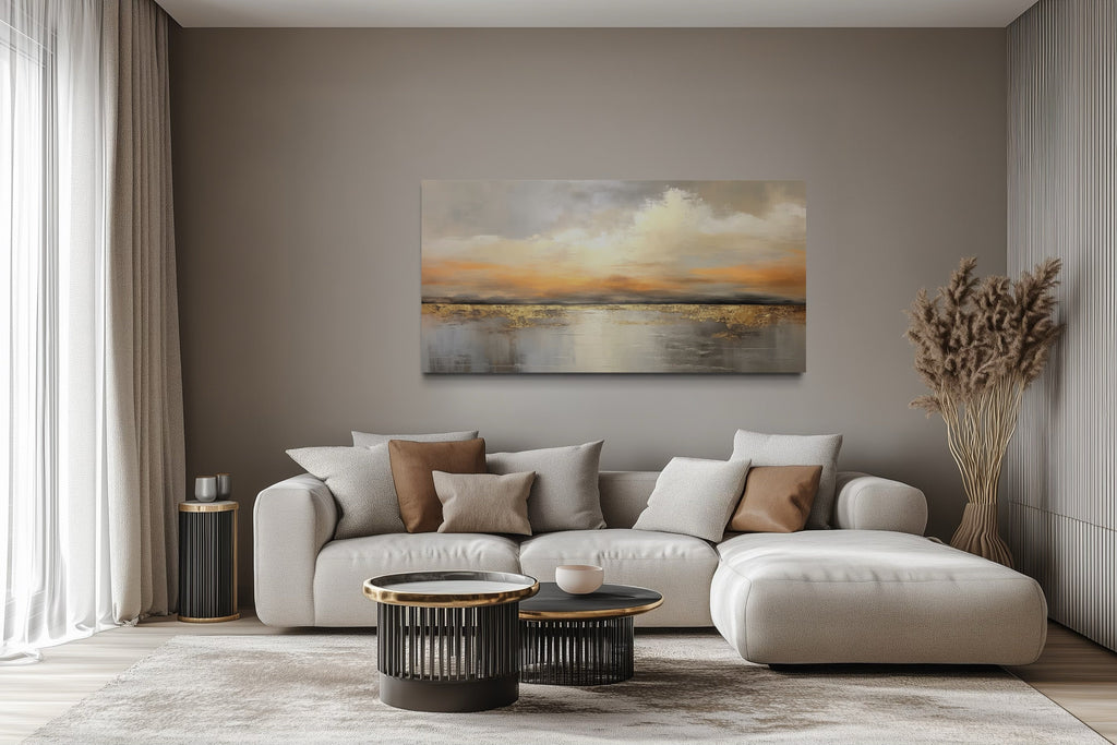 Silver Gold Abstract Ocean Sunset Living Room Framed Canvas Wall Art